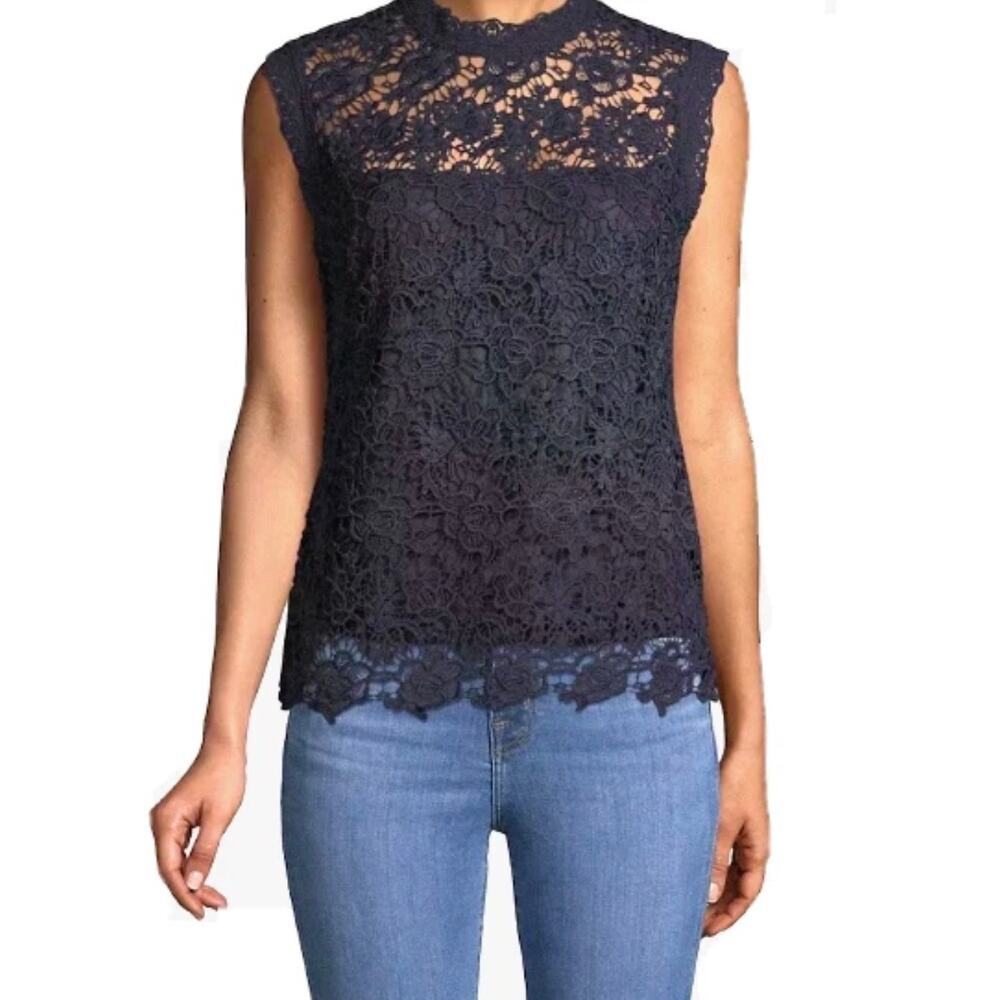 Nanette Lepore Navy Lace Crochet Sleeveless Top Blouse Medium Romantic Feminine